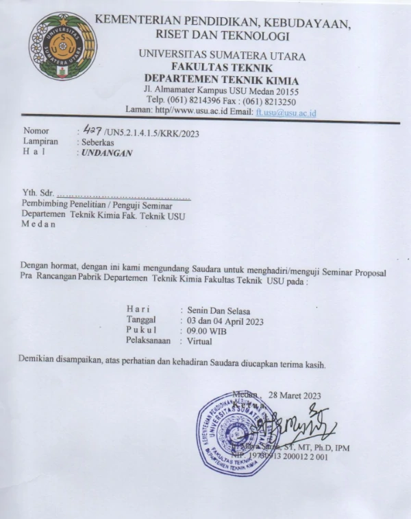 Invitation to the Chemical Engineering Pre-Design Factory Proposal Seminar April 3 and 4, 2023